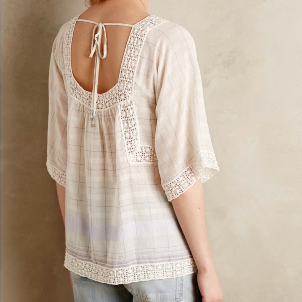 HOLDING HORSES Anthropologie‎ Size 0 Plaid Cotton Shani Peasant Top Half Sleeve